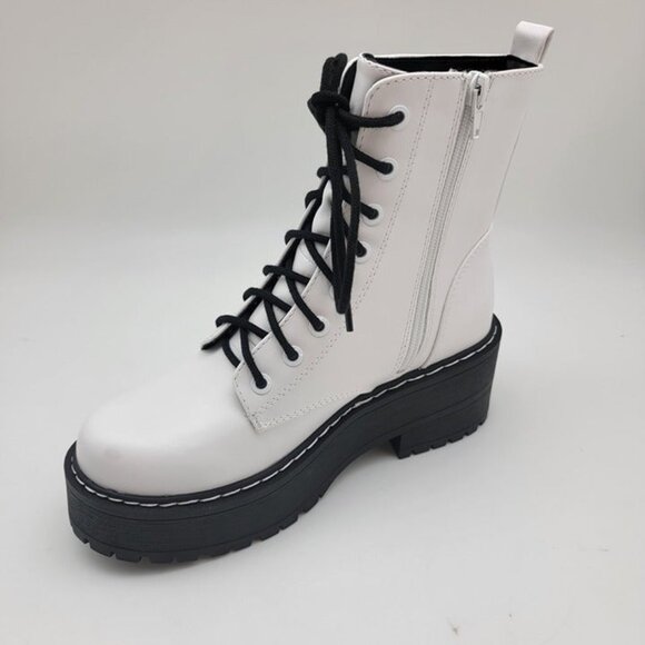 White Combat Boots On Chunky Platform with Lug Soles and Side Zipper - Picture 5 of 7